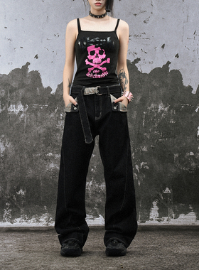 FLAME ONG 美式复古拼接千鸟格腰带原牛黑明线装饰微喇阔腿裤男潮