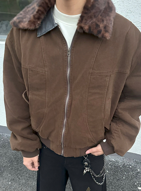 FLAME ONG 美式复古可拆卸毛领巴恩风夹克外套男冬季宽松加绒百搭