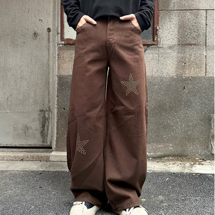 男宽松百搭弯刀裤 FLAME 复古星星铆钉设计感水洗牛仔裤 美式 潮 ONG