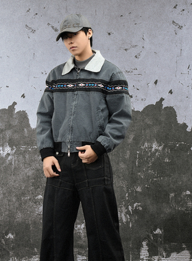 FLAME ONG 美式复古图腾拼接撞色民族风工装翻领夹克男宽松休闲潮