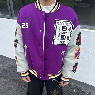 植绒毛巾绣撞色棒球服外套男冬季 美式 宽松夹棉加厚保暖 ONG FLAME