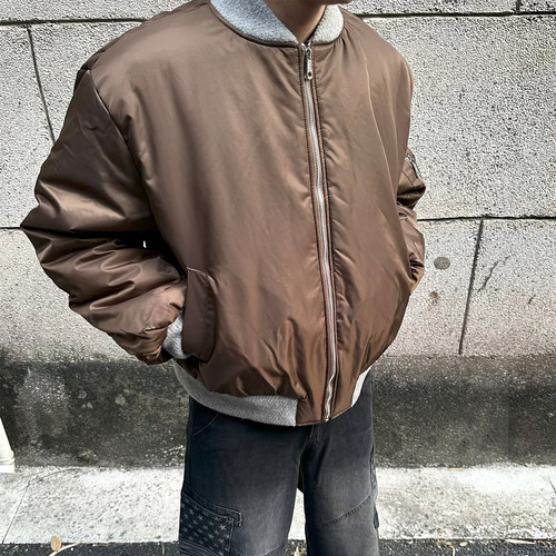 美式毛呢拼接撞色假两件棉服外套