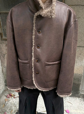 FLAME ONG 美式复古羊羔皮翻领拼接棉服外套男冬季宽松加厚保暖潮