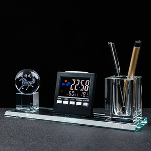 水晶笔筒摆件商务礼品定制电子日历水晶摆件高档办公桌书房摆件厂
