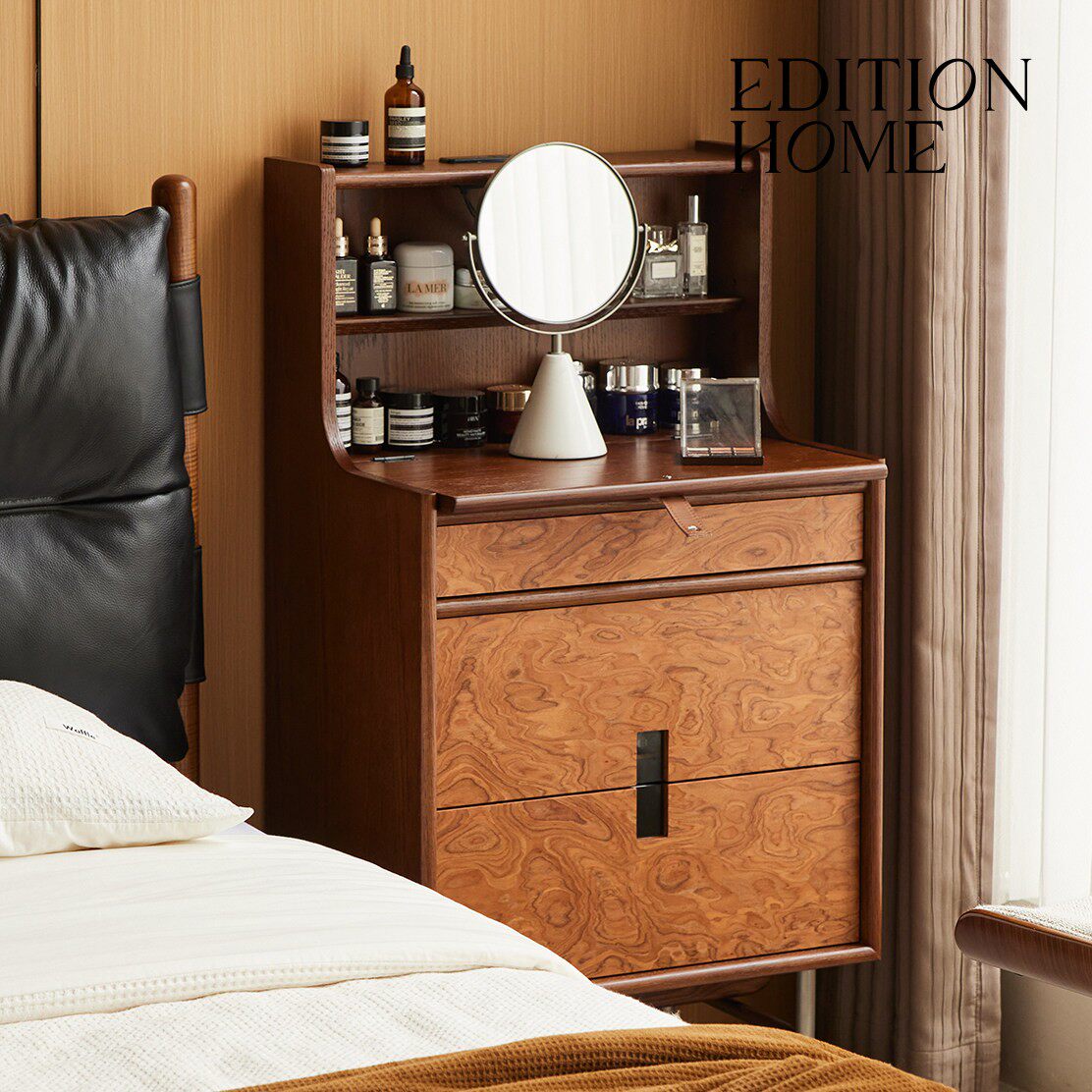 繁花梳妆台复古实木老钱风高级感卧室中古复古树瘤皮梳妆台化妆桌