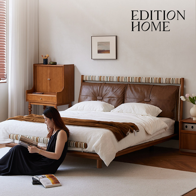 柏林床棕色复古真皮实木软包高端大气头层牛皮主卧1.8/1.5m双
