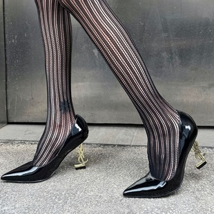 杨树林同款高跟鞋2025秋季新款漆皮金属异型字母跟浅口尖头单鞋女