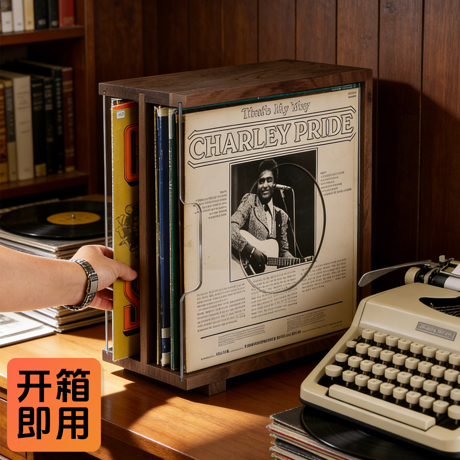 黑胡桃12寸LP黑胶唱片收纳架免装桌面防尘展示箱家用怀旧碟片收纳