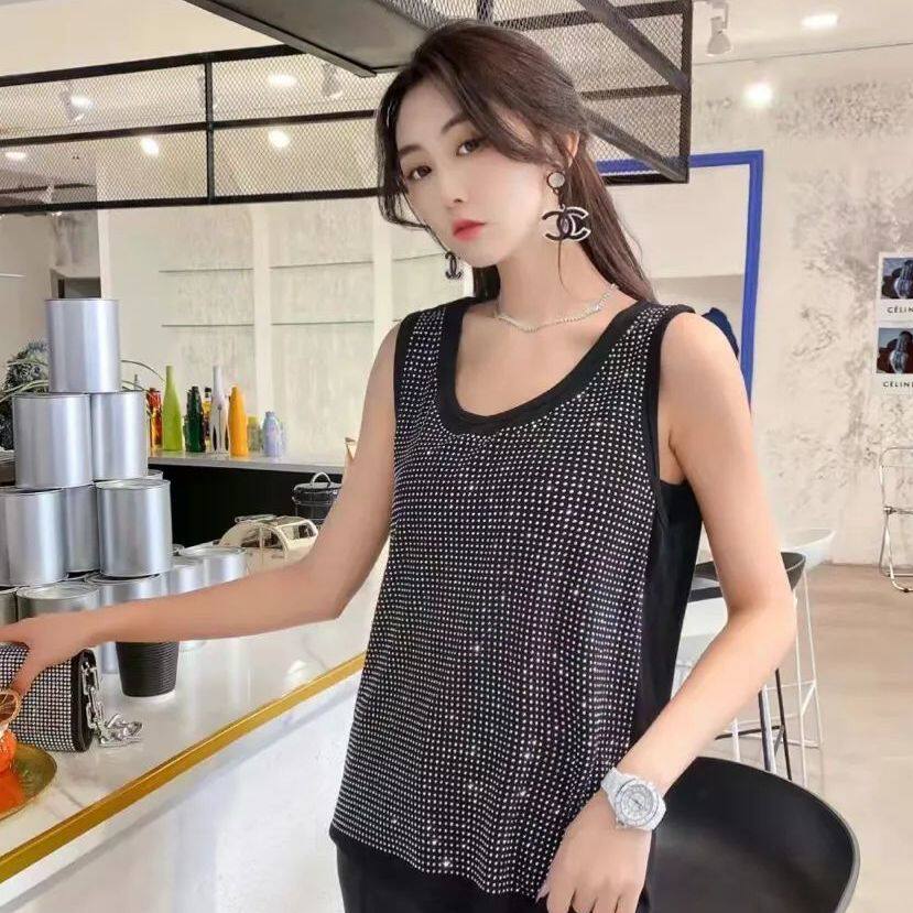 欧货镶钻背心女新款春夏吊带衫修身显瘦洋气时尚打底小衫无袖上衣