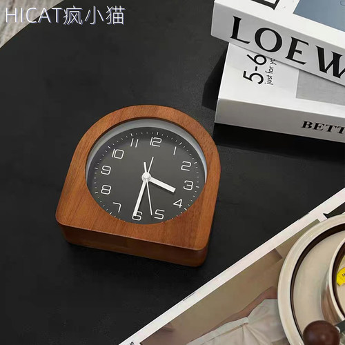 Hicat疯小猫实木闹钟创意静音