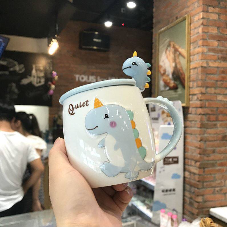 创意儿童马克杯带盖勺可爱小恐龙陶瓷喝水杯家用卡通早餐牛奶杯子