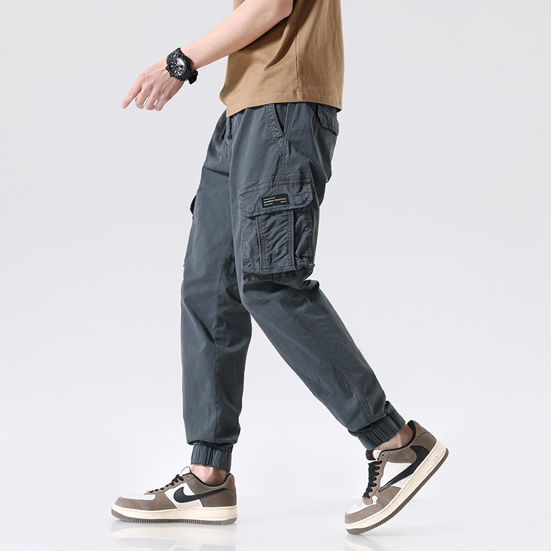 春夏季纯棉工装休闲裤男士多口袋户外运动修身时尚束脚松紧腰长裤