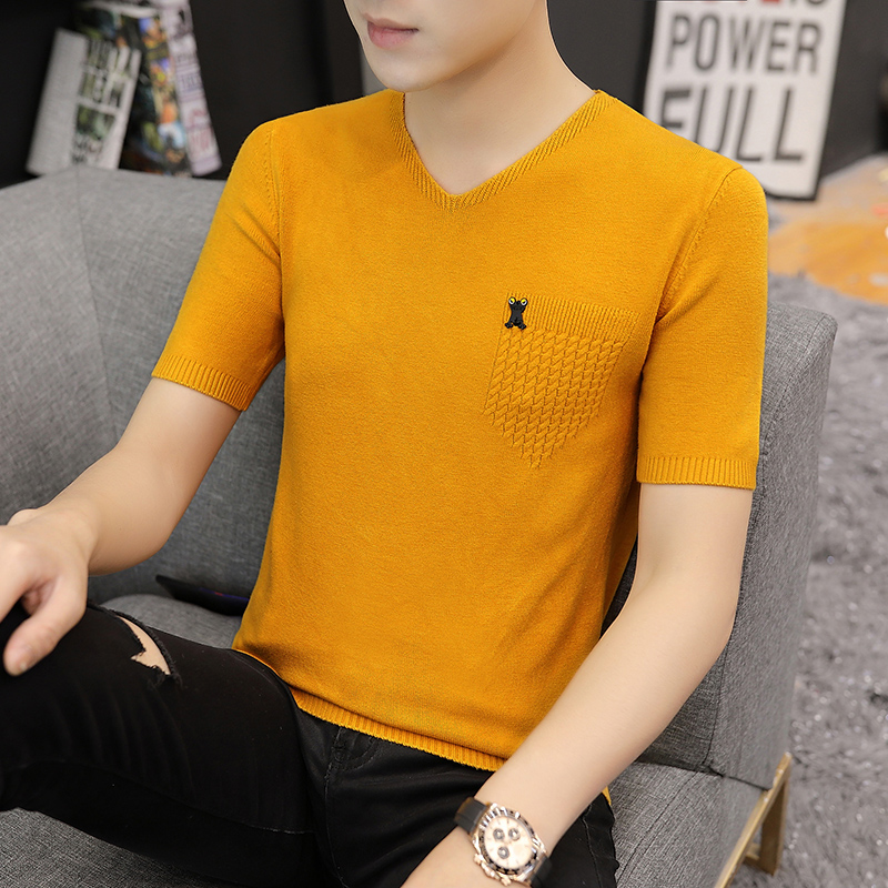 修身半袖体恤衣服红色V领针织衫