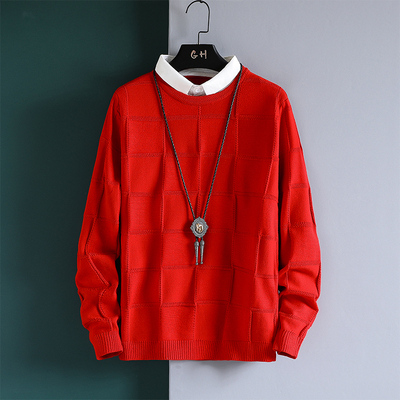 假两件针织衫红色毛衣男衬衫领本命年秋冬潮加绒毛线假领打底小衫