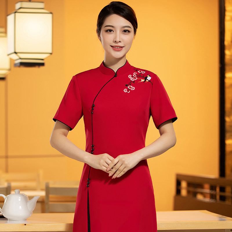 中式酒店前台收银迎宾接待工作服短袖女夏季茶楼礼仪小姐长款旗袍