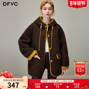 dfvc复古仿羊羔毛短款外套女2025年冬季新款宽松连帽加厚保暖上衣