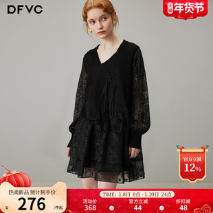 dfvc洋气针织拼接春装连衣裙女2026年春季新款荷叶边提花宽松裙子