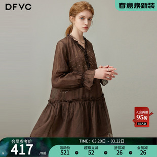 dfvc苎麻复古长袖连衣裙女2026年春季新款木耳边领宽松中长款裙子
