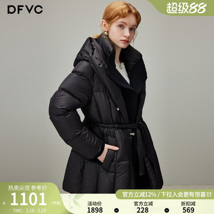 dfvc黑色中长款鹅绒羽绒服女2025年冬季新款连帽收腰加厚保暖外套