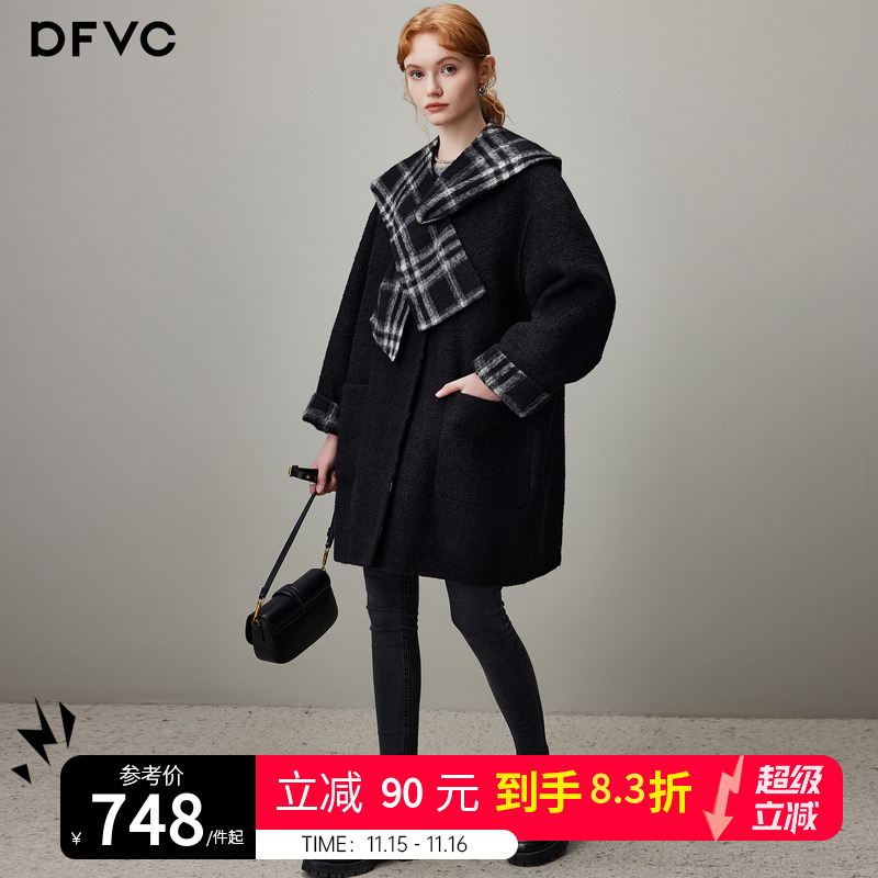 dfvc黑色中长款绵羊毛呢外套女2025冬季新款披肩领格子双面呢大衣