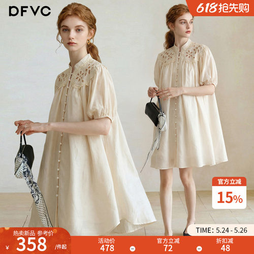 dfvc苎麻复古镂空短袖衬衫裙