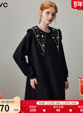 dfvc黑色休闲减龄娃娃领卫衣裙女2025冬季新款圆领宽松长袖连衣裙