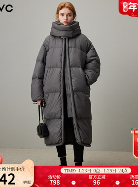 dfvc灰色长款泡芙羽绒服女2025冬季新款连帽加厚白鸭绒外套面包服
