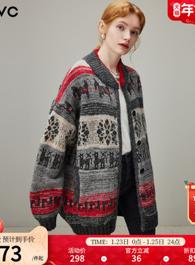 dfvc慵懒风费尔岛羊毛针织衫女2025年冬季新款中长款复古开衫毛衣