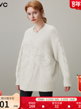 dfvc慵懒风羊毛短款圆领毛衣女2025年冬季新款蝴蝶结宽松针织衫厚