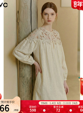 dfvc法式镂空长袖连衣裙女2026年春季新款宽松慵懒度假风中长裙子