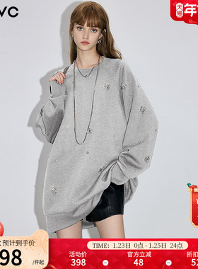 dfvc耐久灰美式休闲重工钉珠圆领卫衣女2026春季新款宽松中长上衣