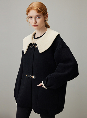 dfvc黑色短款娃娃领毛呢外套女2025新款冬季牛角扣宽松针织大衣厚