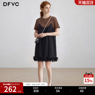 dfvc韩版休闲假两件拼接T恤裙女2026年夏季新款荷叶边宽松连衣裙