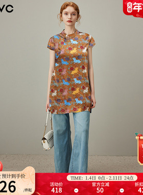 dfvc奥黛新中式国风印花衬衫女2025年夏季新款立领中长款旗袍上衣