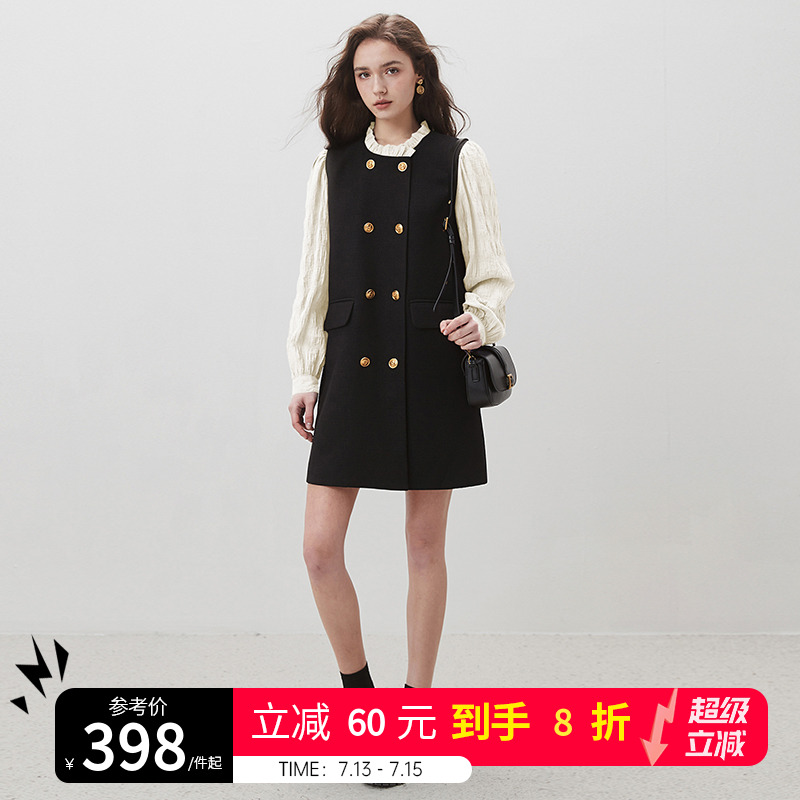 dfvc赫本风黑色连衣裙女秋2025新款拼接木耳边长袖小个子小黑裙子