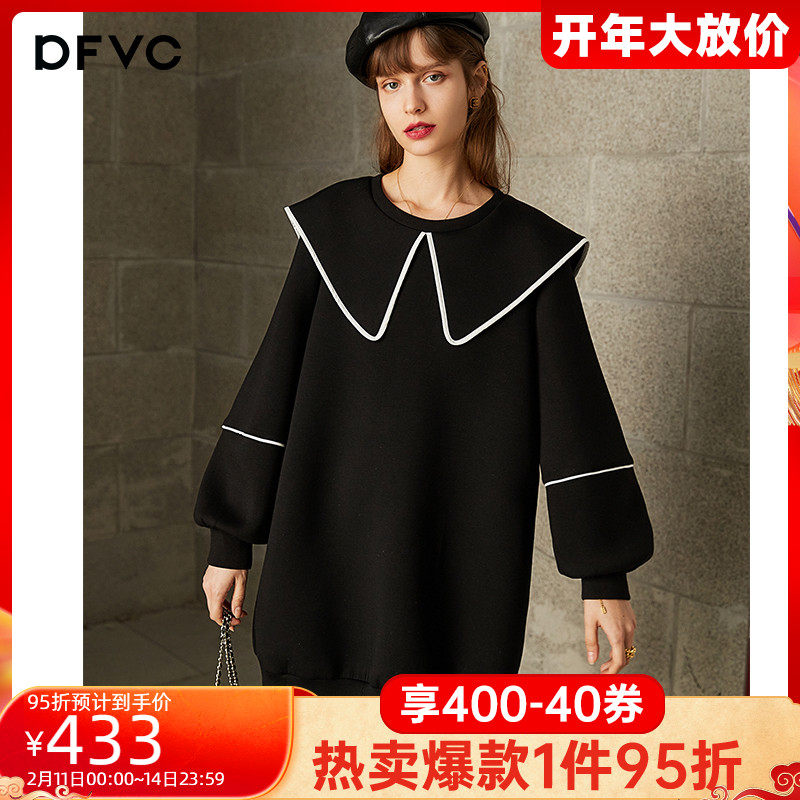 dfvc冬季黑色海军领卫衣裙连衣裙女2021年新款宽松泡泡袖直筒裙子
