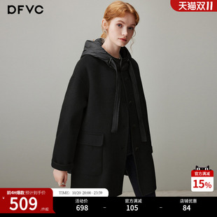 dfvc韩版中长款绵羊毛呢外套女2026年冬季新款连帽宽松双面呢大衣