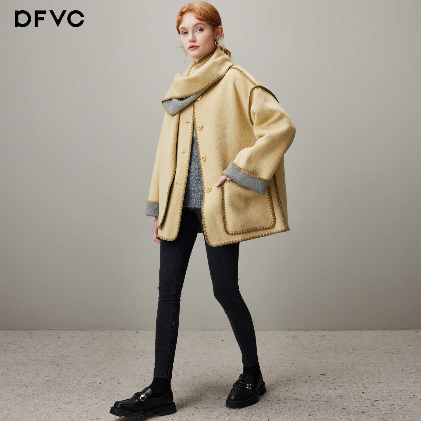 dfvc气质双面穿绵羊毛呢外套女2025年冬季新款围脖短款双面呢大衣