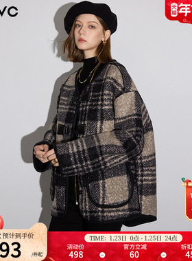 dfvc韩版短款格子毛呢外套女2025年冬季新款宽松小个子呢子大衣厚