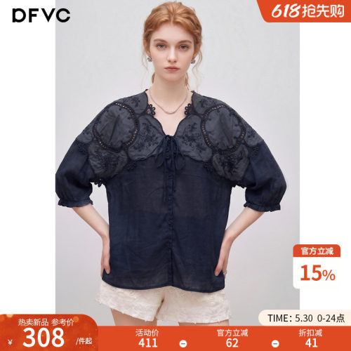 dfvc苎麻复古文艺V领短袖衬衫