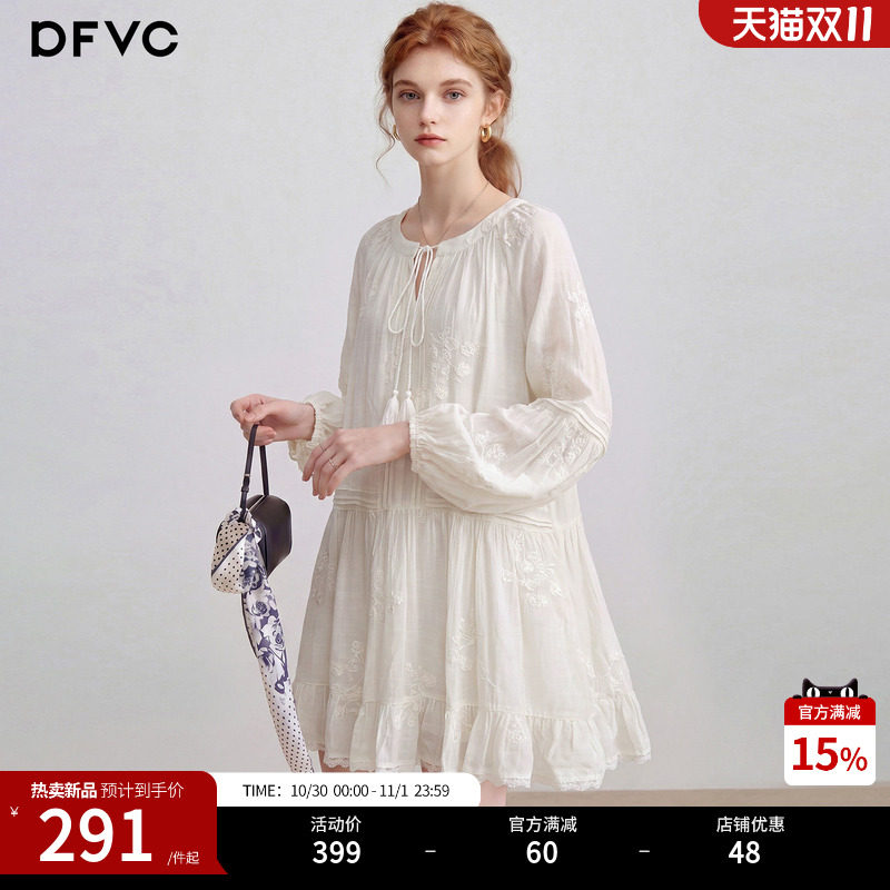 dfvc人丝法式复古长袖连衣裙女2026新款秋季绣花系带领宽松A字裙