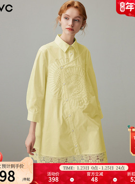 dfvc设计感纯棉长袖衬衫裙女2025年夏季新款不对称蕾丝拼接连衣裙