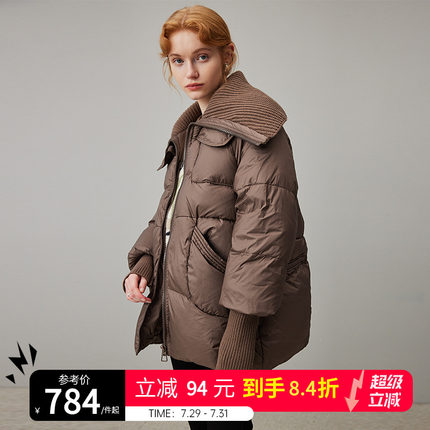 dfvc韩版短款羽绒服女2024新款冬季针织大翻领宽松加厚白鸭绒外套
