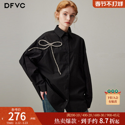dfvc宽松通勤长袖纯棉蝴蝶结衬衫