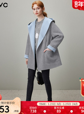 dfvc双面色中长款绵羊毛呢外套女2025冬季新款连帽宽松双面呢大衣