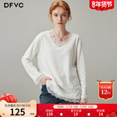 dfvc白色蕾丝拼接V领长袖 低领宽松内搭打底衫 T恤女2026年春季 新款