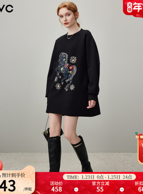 dfvc黑色马年休闲圆领卫衣裙女2026年春季新款钉珠宽松长袖连衣裙