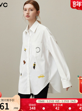dfvc韩版白色条纹长袖衬衫女2026年春季新款刺绣中长宽松衬衣上衣