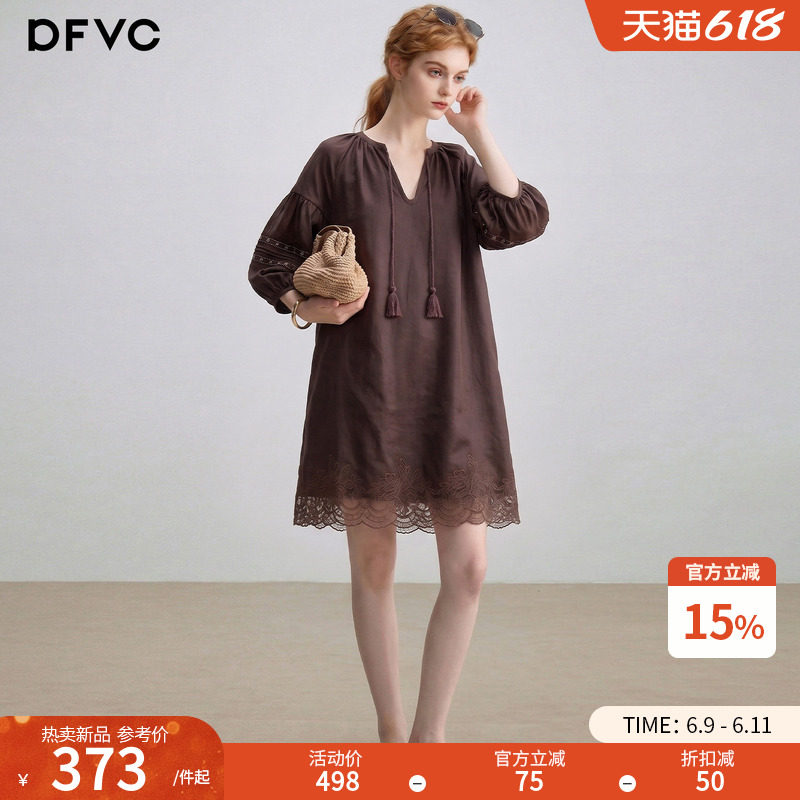 dfvc天丝亚麻复古风V领衬衫裙女2026年夏季新款花边小个子连衣裙
