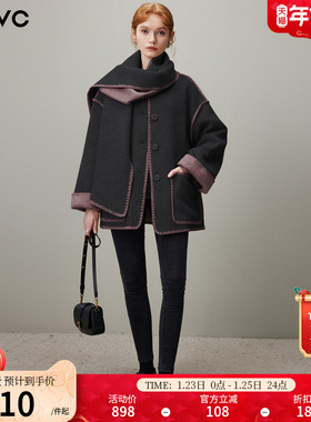 dfvc气质双面穿绵羊毛呢外套女2025年冬季新款围脖短款双面呢大衣